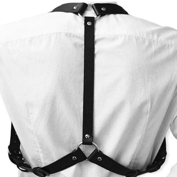 Black Wide Strap Silver Metal Chest Body Harness Belt - NEW - Picture 4 of 6